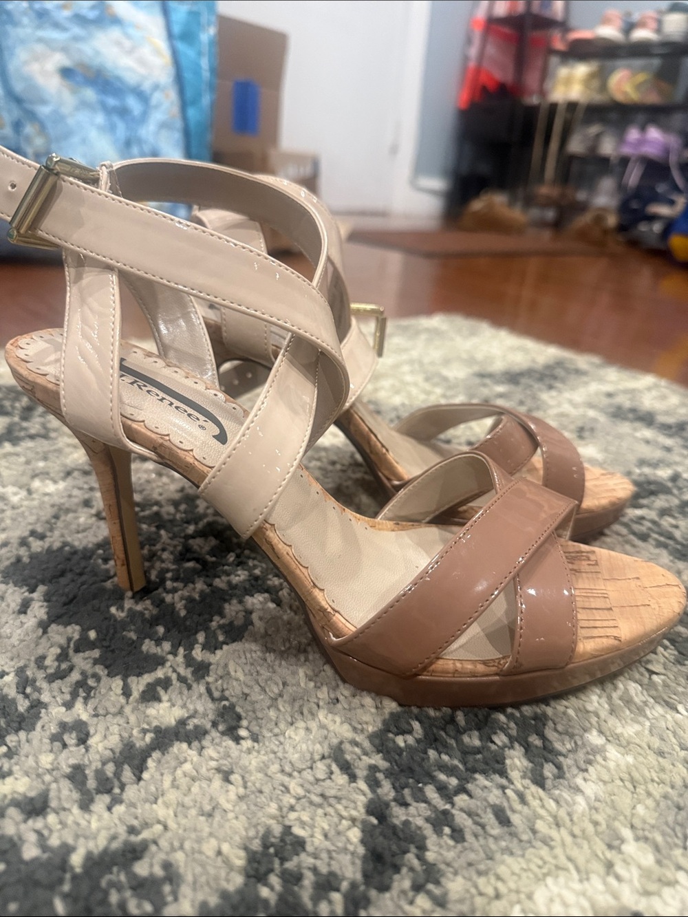Beige and Tan Strappy High Heel Sandals size 7.5